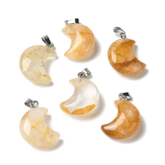 Yellow Hematoid Quartz Pendants Crescent Moon Charms with 201 Stainless Steel Snap on Bails Stainless Steel Color