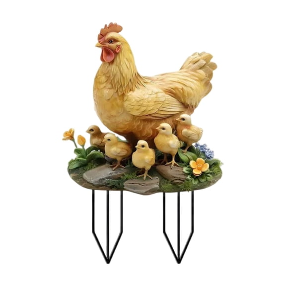 Yellow Hen and Chicks Garden Stake for Outdoor Yard,2D Acrylic Figurine for Courtyard Landscaping Decor