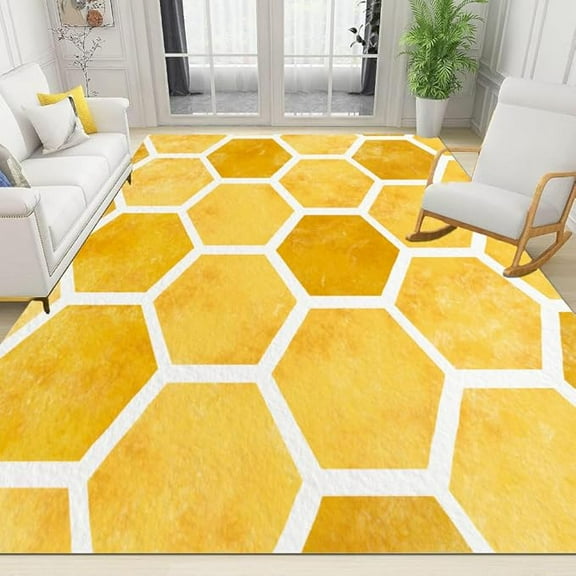 Yellow Hexagon Area Rugs Honeycomb Bee Rugs For Kids Bedroom, Office Rug Are Not Stumbling Foot For Living Room End Table Nursery 5 x 8ft