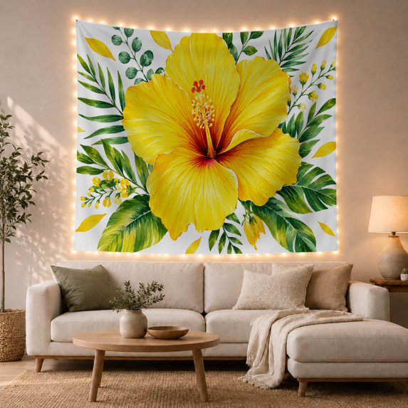 Yellow Hibiscus Among Tropical Leaves and Blossoms, Playful Watercolor for Plant Lovers, Floral Wall Art, Housewarming Gift, Tapestry Wall Hanging for Bedroom and Living Room