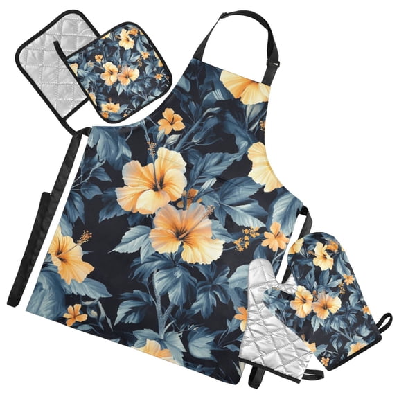 Yellow Hibiscus Floral Oven Mitts and Pot Holders with Chef Apron Set 5 Pcs Kitchen Cooking Set