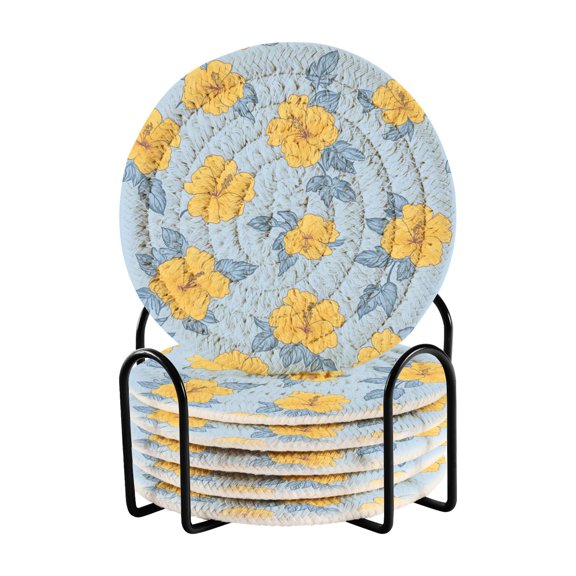 Yellow Hibiscus Flower Pattern Bar Coasters 6 Pack Braided Coasters with Holder Absorbent Heat Resistant