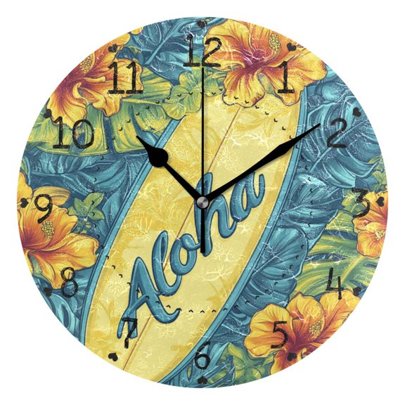 Yellow Hibiscus Flowers Palm Leaves Surfboard Round Wall Clock Silent Analog Battery Operated Black Pointer Home Decor 9.84" Diameter