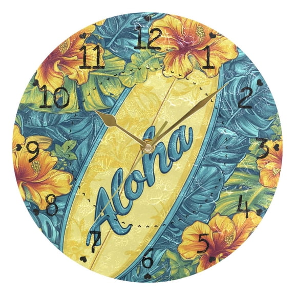 Yellow Hibiscus Flowers Palm Leaves Surfboard Round Wall Clock Silent Analog Battery Operated Gold Pointer Home Decor 9.84" Diameter