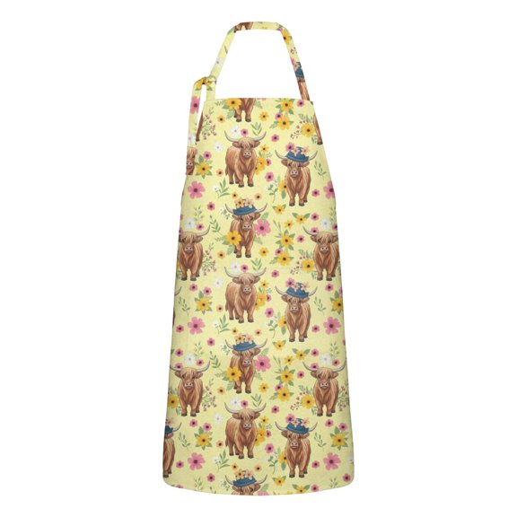 Yellow Highland Cow Flower Hat Pattern Apron-Garden Aprons for Women with Pockets-Cotton Linen Waterproof Kitchen Cooking Gardening Aprons Adjustable for Kitchen,Cooking,BBQ and Salon 33x27 Inch