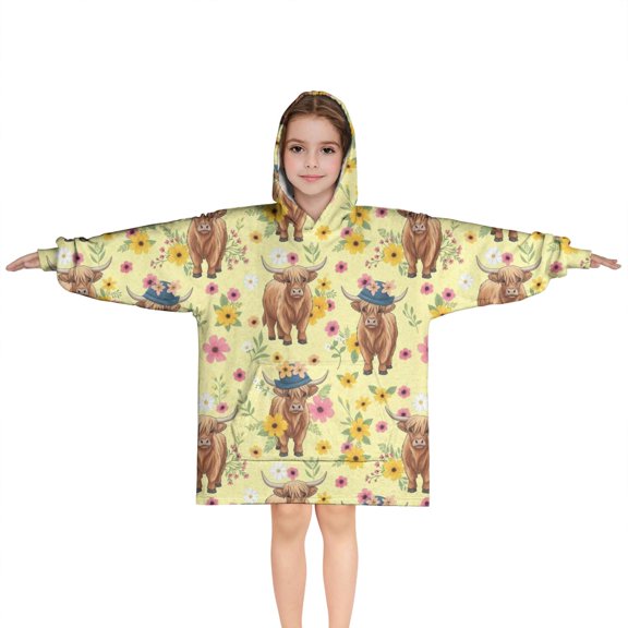 Yellow Highland Cow Flower Hat Pattern Blanket Hoodies for Kids 6-13YR Oversize Wearable Blanket Hoodies for Boys Girls Teens