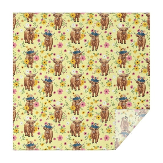 Yellow Highland Cow Flower Hat Pattern Square Tablecloth,Waterproof Square Table Cover,Wipeable Spillproof Washable Table Cover for Home Kitchen Party Decor 60"x60"(152x152cm)