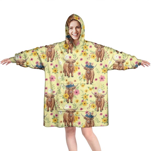 Yellow Highland Cow Flower Hat Pattern Wearable Oversized Blanket,Wearable Blanket Hoodie for Adults,Cozy Hooded Blankets with Super Pockets,Super Warm Fuzzy Pullover for Women & Men