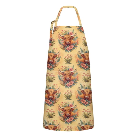 Yellow Highland Cow Flower Pattern Apron-Garden Aprons for Women with Pockets-Cotton Linen Waterproof Kitchen Cooking Gardening Aprons Adjustable for Kitchen,Cooking,BBQ and Salon 33x27 Inch