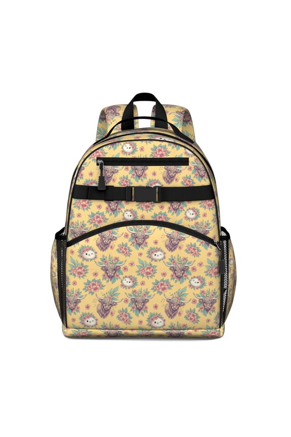Yellow Highland Cow Flower Pattern Backpack for School,Cute School Bag,Schoolbag with Adjustable Shoulder Straps & Padded Back,15.25"x11.5"x5.25"