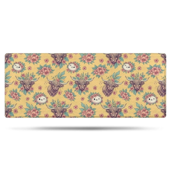 Yellow Highland Cow Flower Pattern Bathroom Rugs Mat,Non Slip Microfiber Bathroom Rug,Rubber Backing,Soft Bathroom Mats for Bathroom Floor,Tub and Shower,60x24in(150x60cm)