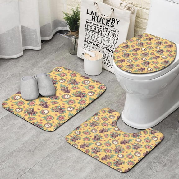 Yellow Highland Cow Flower Pattern Bathroom Rugs Sets 3 Piece,Toilet Cover Set,Absorbent Non Slip Bathroom Mats Sets with U-Shaped Contour Rug Toilet Rug Set