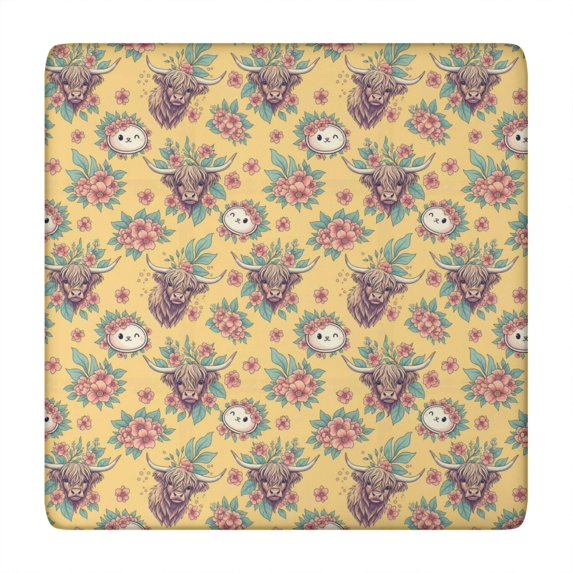 Yellow Highland Cow Flower Pattern Square Fitted Tablecloth with Elastic Edge,Square Table Cover,Washable Elastic Table Cover for Home Kitchen Party Decor 34"x34"