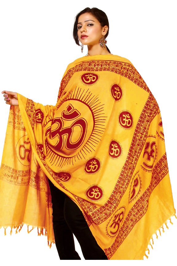Yellow Hindu Dharma Prayer Shawl with Large Printed Om