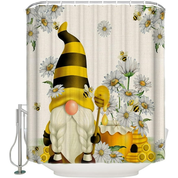 Yellow Honey Bee Gnome Shower Curtain Daisy Flower Farmhouse Shower Curtains for Bathroom Curtain Sets with Hooks Waterproof Fabric Bath Curtain Small Stall Size 36" x 72"