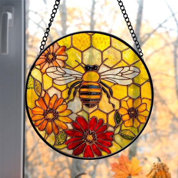 Yellow Honeycomb Glass Suncatcher, Beehive and Flower Window Hanging House Decor, 3.5 in