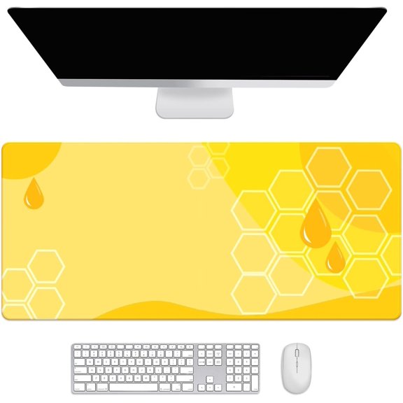 Yellow Honeycomb Water Drop Desk Mat, Desk Accessory, Cute Workspace, Trendy Workspace, Trendy, 35.4x15.7in Large Gaming Mouse Pad, Cute Desk Topper, Pretty Desk Pad