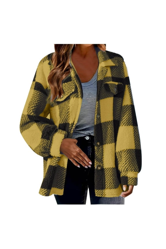 Yellow Hooded Zipper Coat, Nylon,Spandex Women's Plus Size Jackets, Shackets for Women 2024 Winter Warm Fuzzy Plaid Shirt Jackets Plus Size Button Down Long Sleeve Coats, 4XL