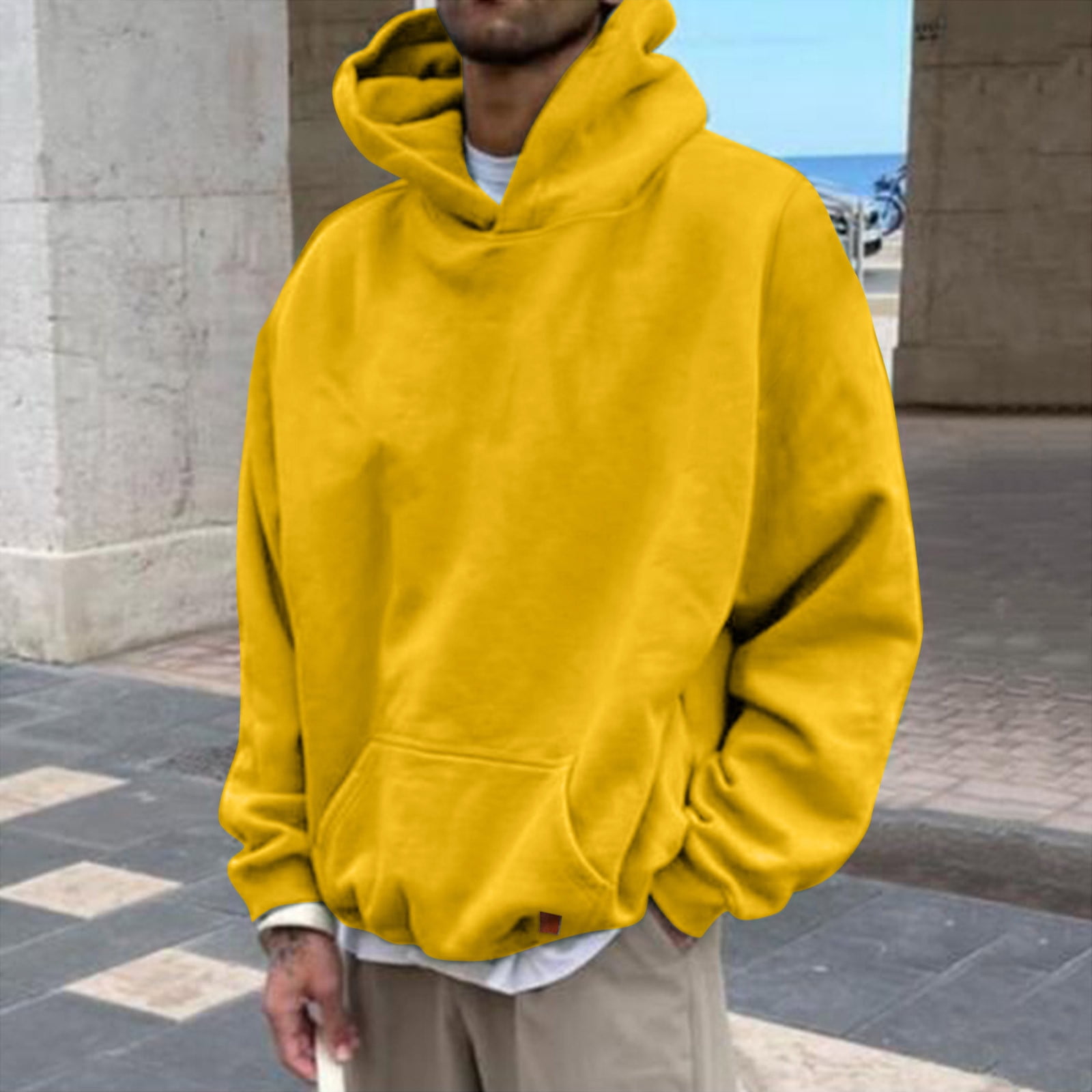 Yellow Hoodies For Men Mens Autumn And Winter Casual Loose Solid Hooded  Sweater Top 