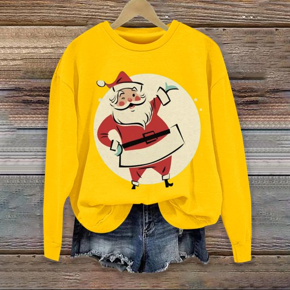 Yellow Hoodies for Women Christmas Sweatshirts for Women Retro Santa Graphic Long Sleeve Shirt Xmas Pullover Tops Women Fall Clothes