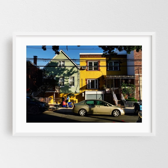 Yellow House in Astoria, Queens - Queens New York Photography Street Photography Architecture City Car White Framed Wall Art Print 5 x 7 inches