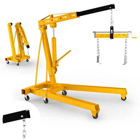 Yellow Hydraulic Folding Engine Hoist with Lever, 2 Ton/4400 LBS Load Capacity, Cherry Picker Shop Crane with 360° Casters & Telescoping Boom, Engine Crane with Leveler for Engine Lifting