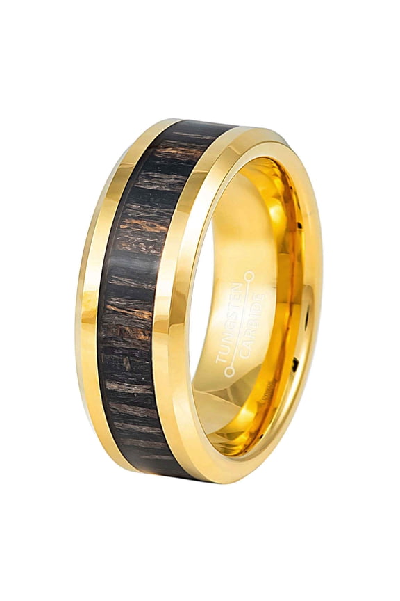 Zebra Wood Inlay Tungsten Wedding Band, Mens Gold Tungsten Ring, Comfort Fit 8MM