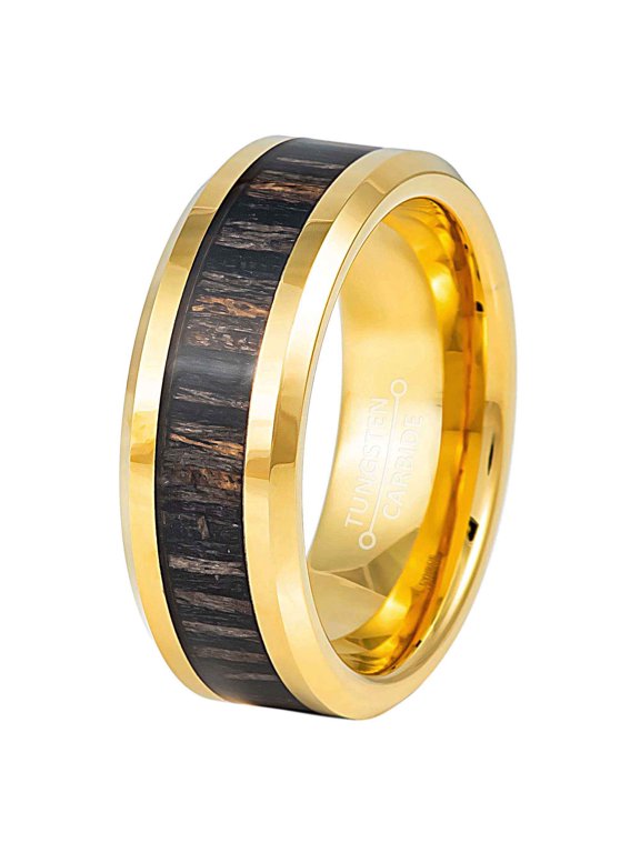 Zebra Wood Inlay Tungsten Wedding Band, Mens Gold Tungsten Ring, Comfort Fit 8MM