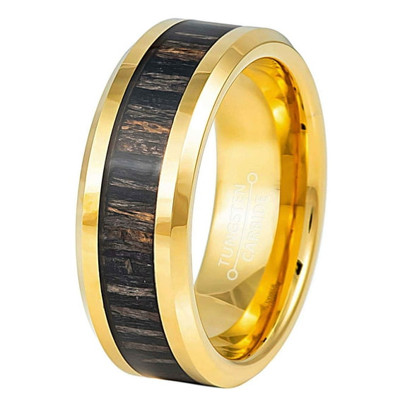 Jewelry Avalanche Zebra Wood Inlay Tungsten Wedding Band, Mens Gold Tungsten Ring, Comfort Fit 8MM