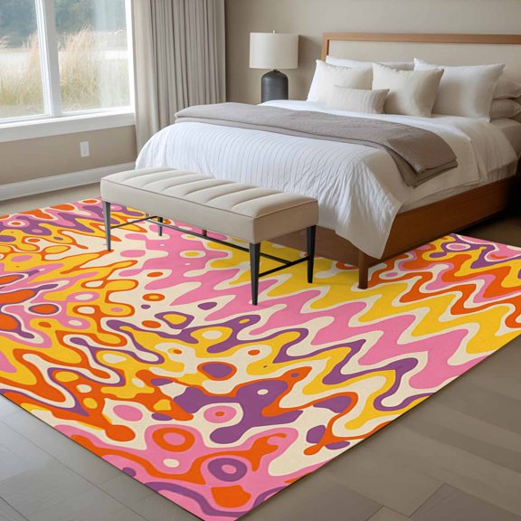 Yellow Illusion Style 6x9 Rug for Dining Room Table and Chair Setup, Modern Abstract Geometric Yellow Orange Waves Low Pile Washable Non Slip Rectangle Area Rug