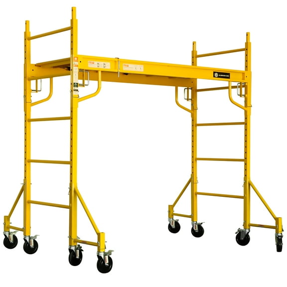 SEWOART Yellow Iron Work Scaffold, Foldable, Adjustable, Safety Guardrails, Mobile Caster Wheels