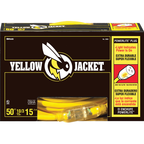 Yellow Jacket 12/3 Contractor Grade Power Block Extension Cord - Single Pack Residential Use, Standard Application