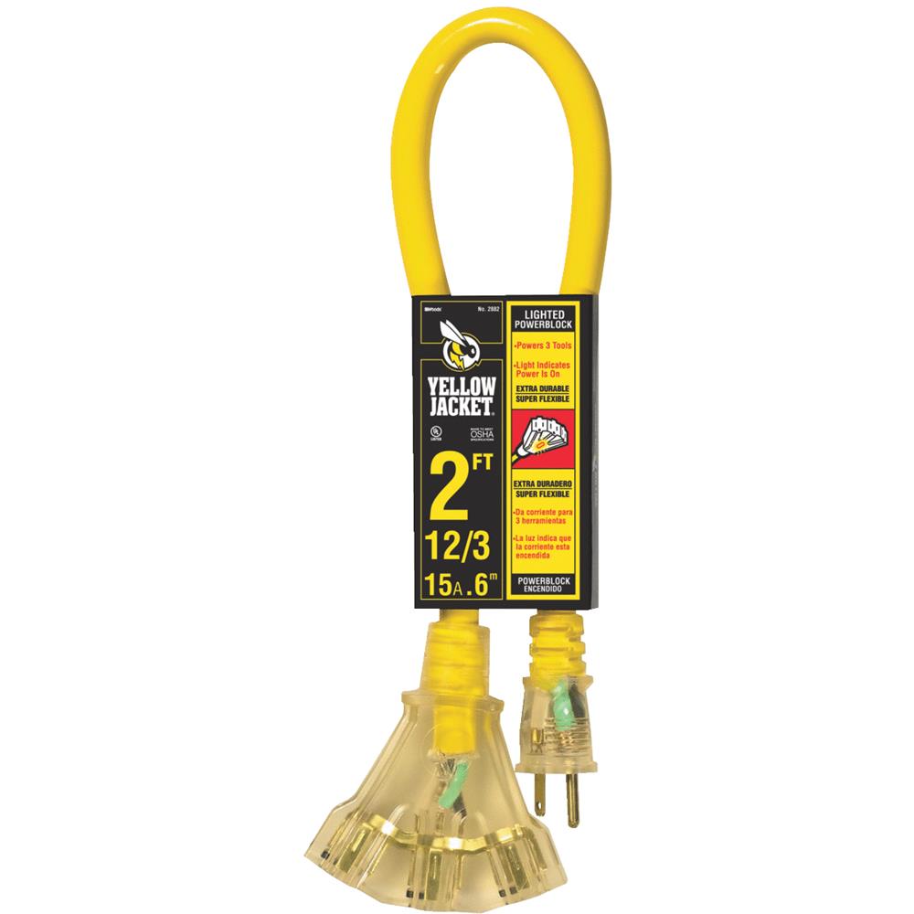 Yellow Jacket 2882 12/3 2' Heavy-Duty Contractor Extension Cord with Lighted Power Block - image 1 of 7