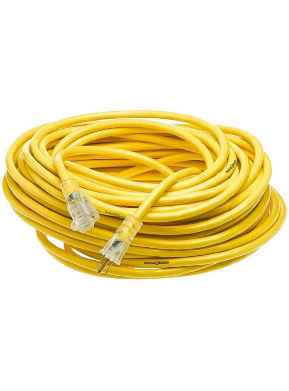 Yellow Jacket 2885 12/3 Heavy-Duty 15-Amp Premium SJTW Contractor Extension Cord with Lighted End, Ideal use With Heavy Duty Equipment and Tools, Durable Molded Plugs, 100 Feet, Yellow