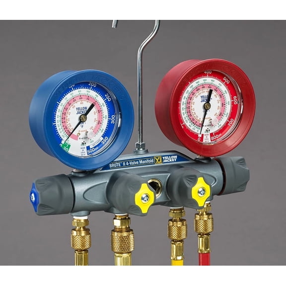 Yellow Jacket 46014 BRUTE II A2L 4-Valve Manifold Gauge Set 3-1/8" Gauges R32 R454B R410A HVAC Tool