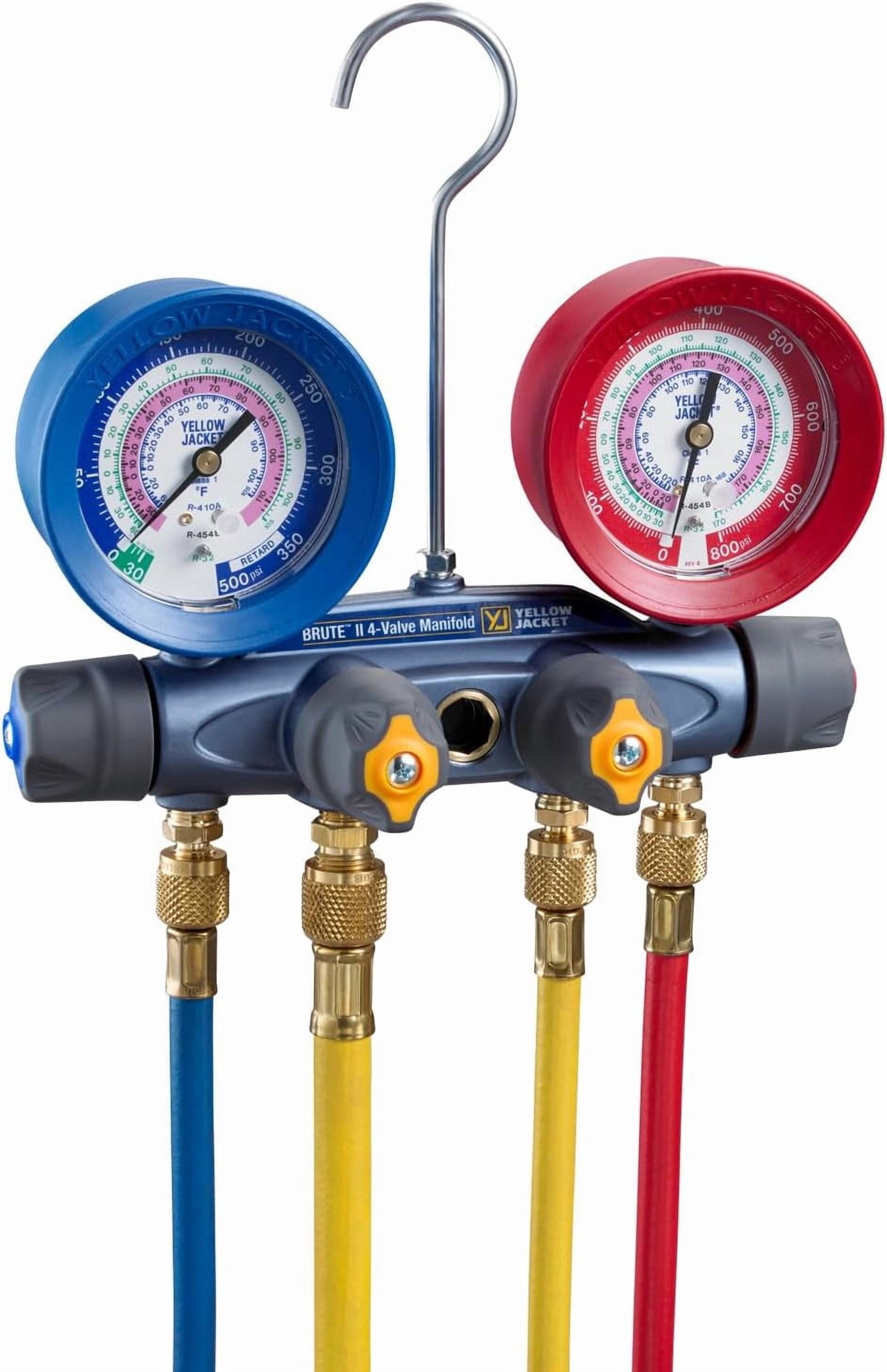 Yellow Jacket 46015 BRUTE II A2L 4-Valve Manifold Gauge Set w/ 60" Plus II Ball Valve Hoses R32 R454B R410A HVAC Tool