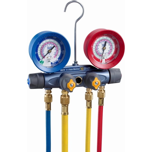 Yellow Jacket 46015 BRUTE II A2L 4-Valve Manifold Gauge Set w/ 60" Plus II Ball Valve Hoses R32 R454B R410A HVAC Tool