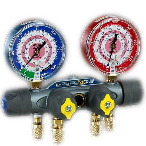 Yellow Jacket 49956 Manifold Only degrees C, bar/psi Scale, R-134A/404A/407C Refrigerant, Red/Blue Gauges
