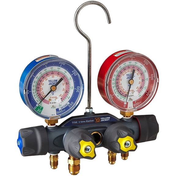 Yellow Jacket 49963 Manifold Only Degrees F, psi Scale, R-22/404A/410A Refrigerant, Red/Blue Gauges By Brand Yellow Jacket