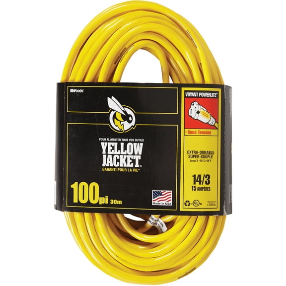 Yellow Jacket Contractor Extension Cord 2888 - Heavy Duty, Lighted Ends - 100 Ft, Yellow