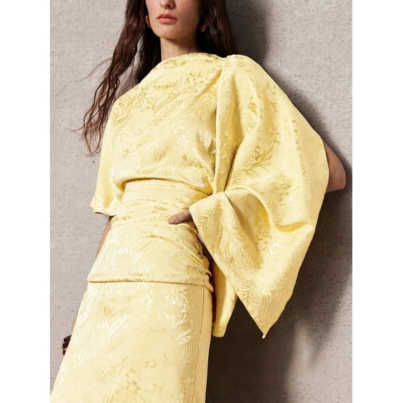 Yellow Jacquard Asymmetric One-Shoulder Fitted Mid-Length Dress