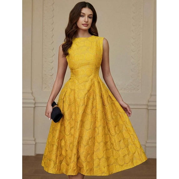 Yellow Jacquard Rose-Embossed Fit & Flare Midi Dress For Parties