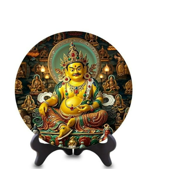 Yellow Jambhala Thangka Wall Hanging Handmade Buddhist Tapestry Altar Decor for Home Meditation Room or Office