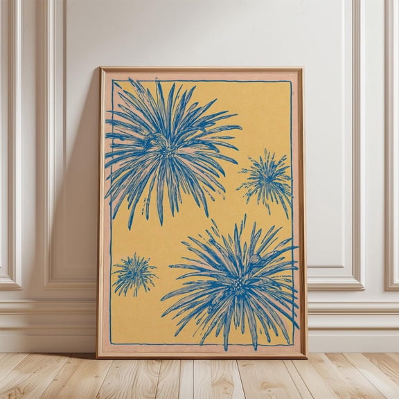 Yellow Japanese Fireworks Blue Graphic Line Modern Vintage Art Unframed Paper Print