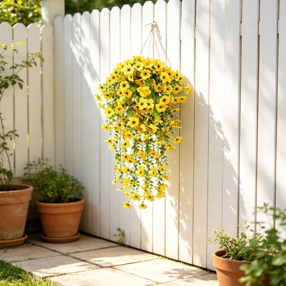 Yellow Jasmine Wall Hanging, Artificial Flower Vine, Balcony Courtyard Decor, Hangs Beautifully with Adjustable Curvature and Brightens Blank Walls for Balcony Railingand Window Frame.