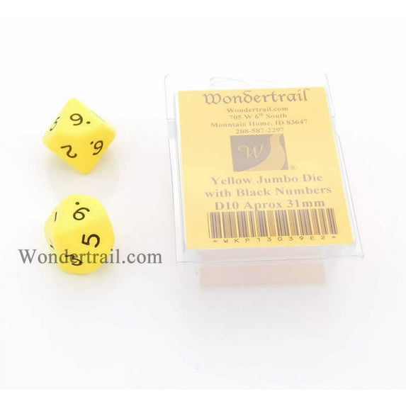 Yellow Jumbo Dice with Black Numbers D10 31mm (1.25in) Set of 2 Wondertrail