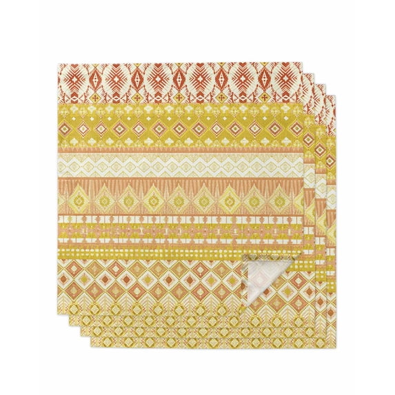 Yellow Khaki Boho Cloth Napkins Set of 4 Reusable Dinner Napkins, Vintage Ethnic Tribe Abstract Art Cocktail Napkin Washable Table Napkins for Wedding/Holiday Party/Baby Shower 20"x20"