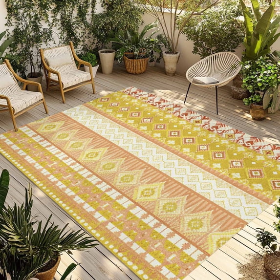 Yellow Khaki Boho Outdoor Rug for Patio/Deck/Porch, Non-Slip Large Area Rug 6 x 9 Ft, Vintage Ethnic Tribe Abstract Art Indoor Outdoor Rugs Washable Area Rugs, Reversible Camping Rug Carpet Runner