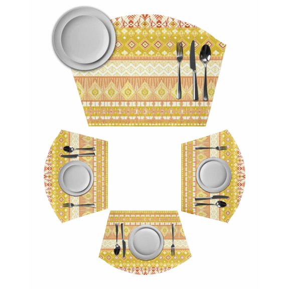 Yellow Khaki Boho Round Table Placemats Set of 2 Wedge Placemats, Vintage Ethnic Tribe Abstract Art Place Mats for Dining Table Set Washable Mats Kitchen Decor for Indoor Outdoor Wipe Clean