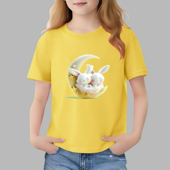 Yellow Kids T-Shirt for Girls | Cute Bunny and Moon Graphic Tee | Cotton Short Sleeve Top 2-13 Years | Soft Kids & Little Girl Shirt,Size 4-5 T